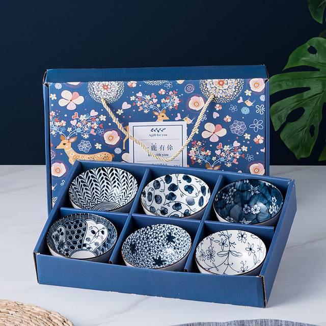Natural Healthy Japanese Ceramic Bowl Gift Set Blue And White Porcelain Bowl Christmas Gift
