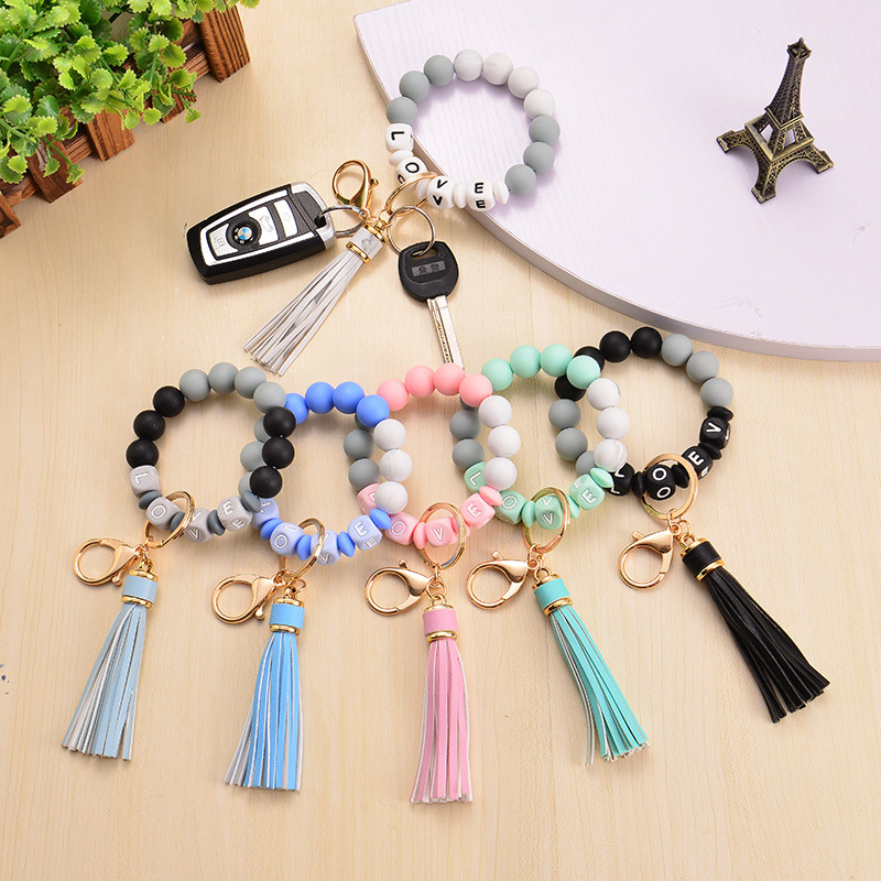 unisex Creative Amazon New Letter L-O-V-E Bracelet Key chain Silicone Bead Key ring Tassel candy color Bracelet Hand