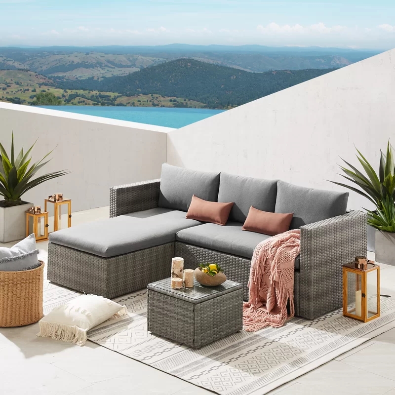 Cheap Wicker/Rattan 3 - Person Seating Group grey rattan sofa set with Cushions garden furniture corner