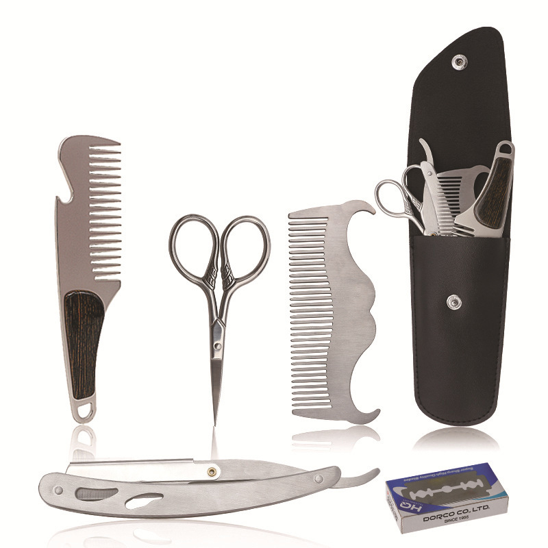 Men's Hair Beard Care Set Beard Razor Blades Scissors Trim Tool Metal Beard Styling Oil Hair Comb Kit For Barber Shop