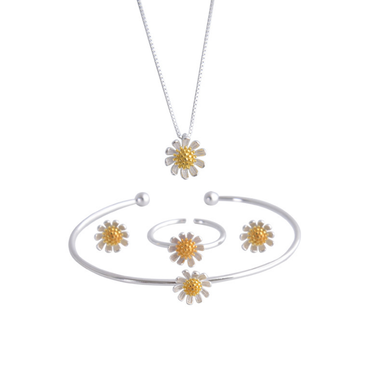 Factory Wholesale S925 Sterling Silver Daisy Bangle Necklace Bracelet Three Piece Jewelry Set