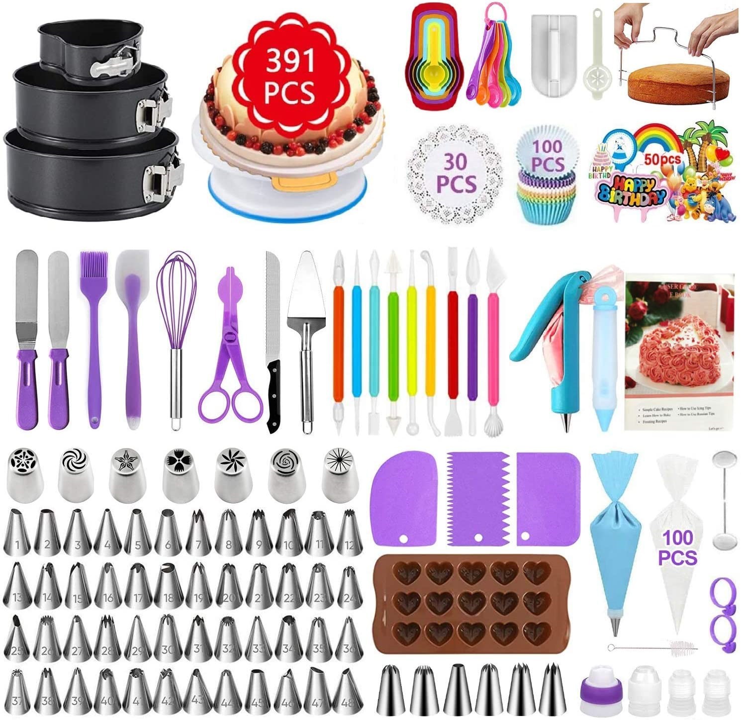 Cake Decorating Supplies Kit 391-pcs Cake Decorating Tools Set Baking Set Baking Tools with Cake Turntable and Cake Pans