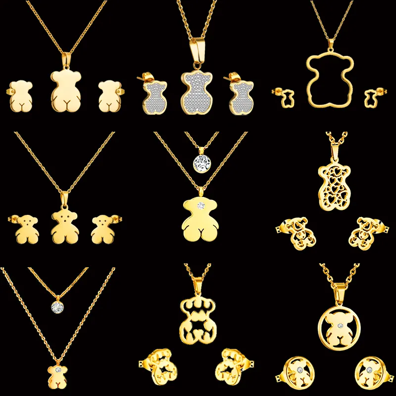 Trendy Minimalist Joyas de Acero Inoxidable Gold Earrings Necklace Fashion Bear Touse Jewelry Set