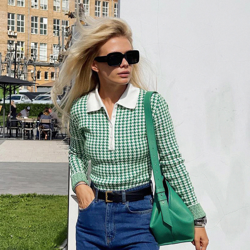 2021 Knit Sexy Green Polo Neck Jacquard Houndstooth Sweater Bodysuit
