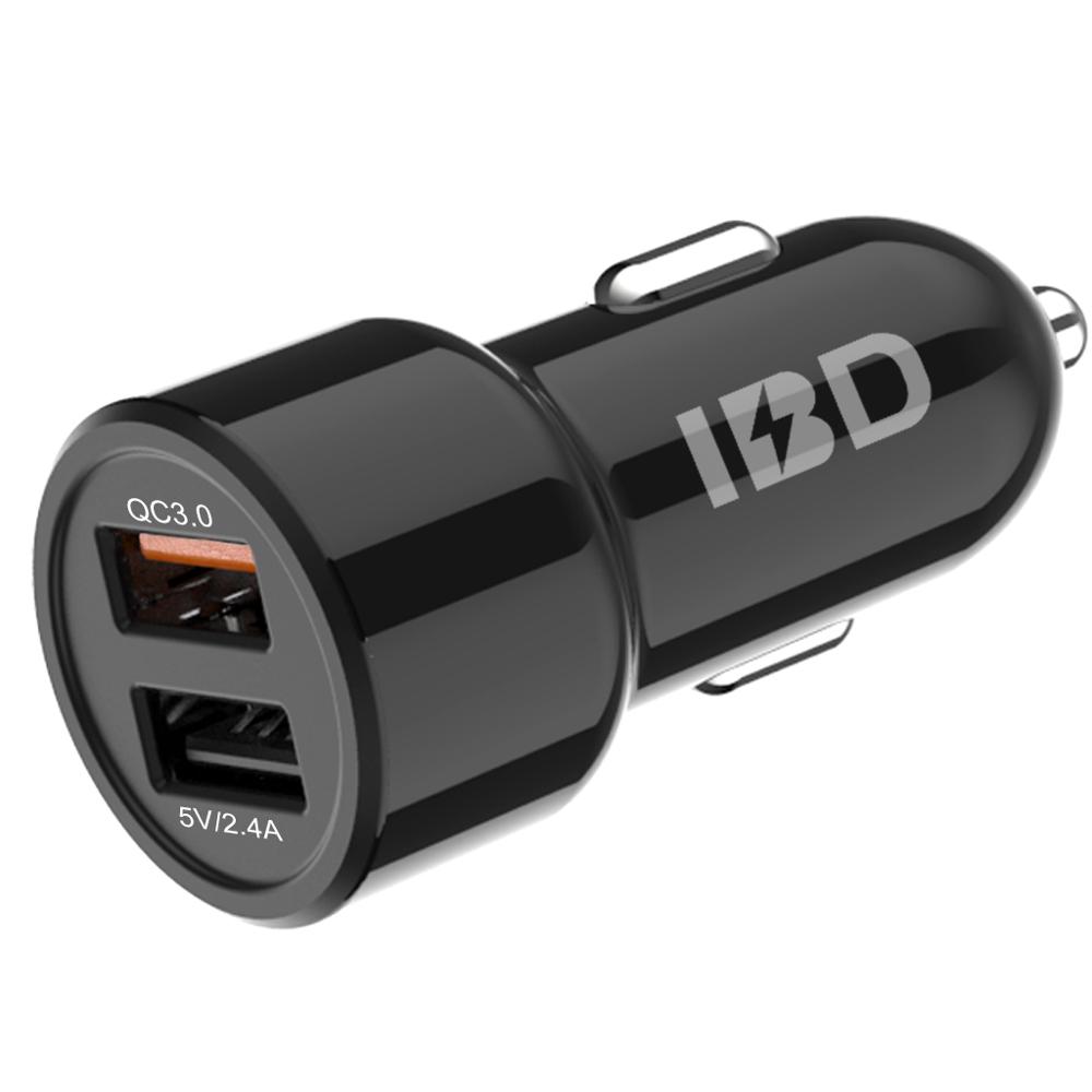 IBD shenzhen charger manufacturer 12V 24V output Portable Mobile Phone 2 port car charger qc3.0 quick charger