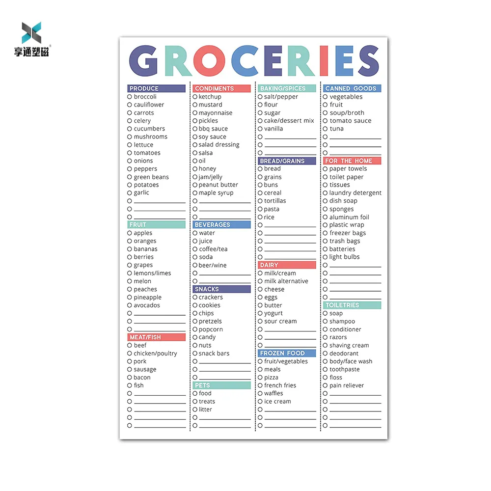 Пользовательский магнитный блокнот с печатным списком предметов для покупок и пустыми помещениями для покупок продуктов