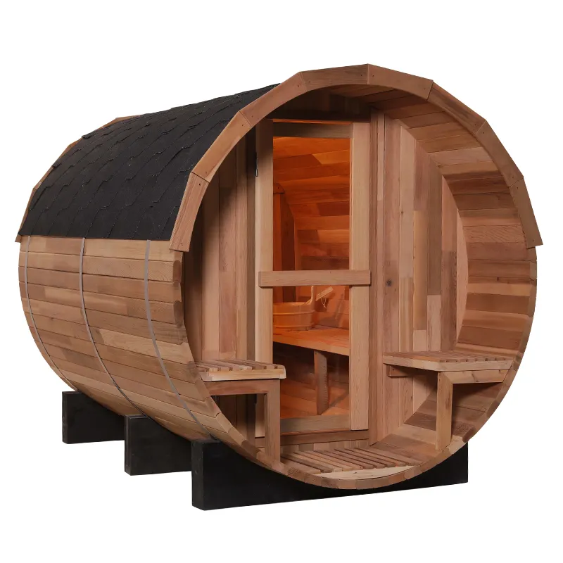 Hot Sale Outdoor Barrel Solid Wood Hemlock/Red Cedar Wooden Wet Steam Traditional Sauna Room