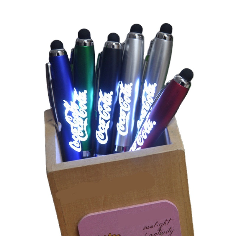 bright STOCK 3 in 1 promotional multi functional stylus led light up logo pen with custom logo engraved