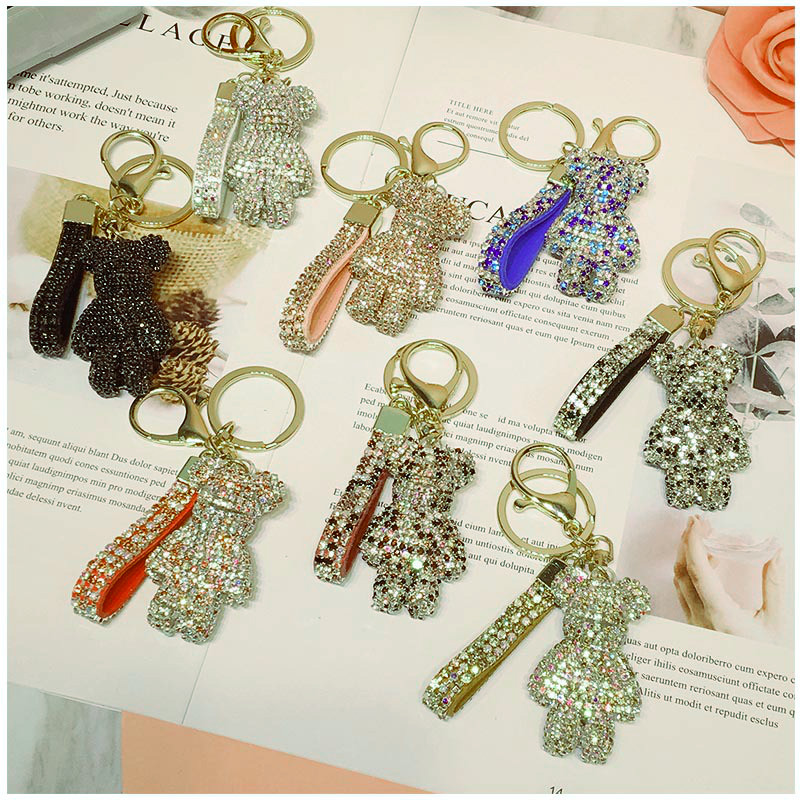 Hot Sale crystal Car Key Chain Woman Bag Pendant self defense Key Chain diamond bear keychain