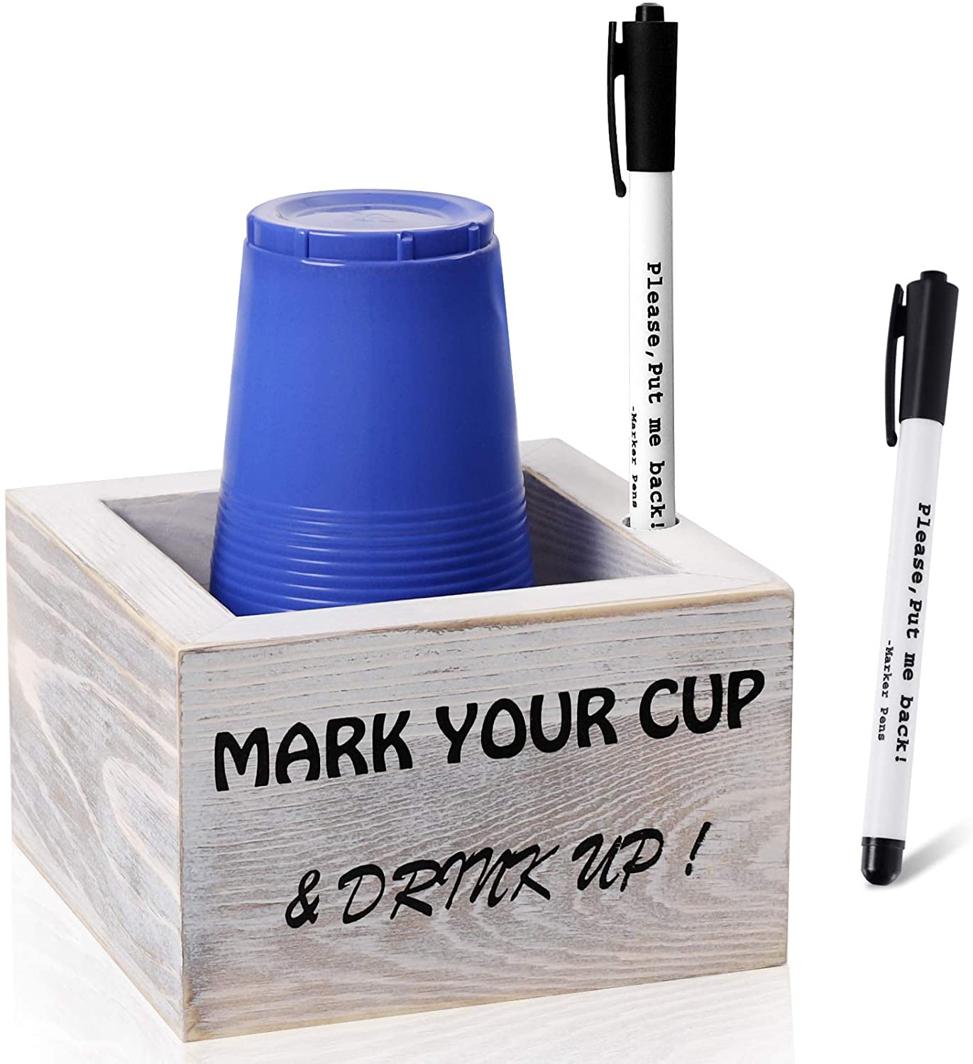 Farmhouse Party Bar Rustic Wedding Decor Mark Your Cup and Drink Up Wood Party Solo Cup Holder Includes Markers & Marker Slot