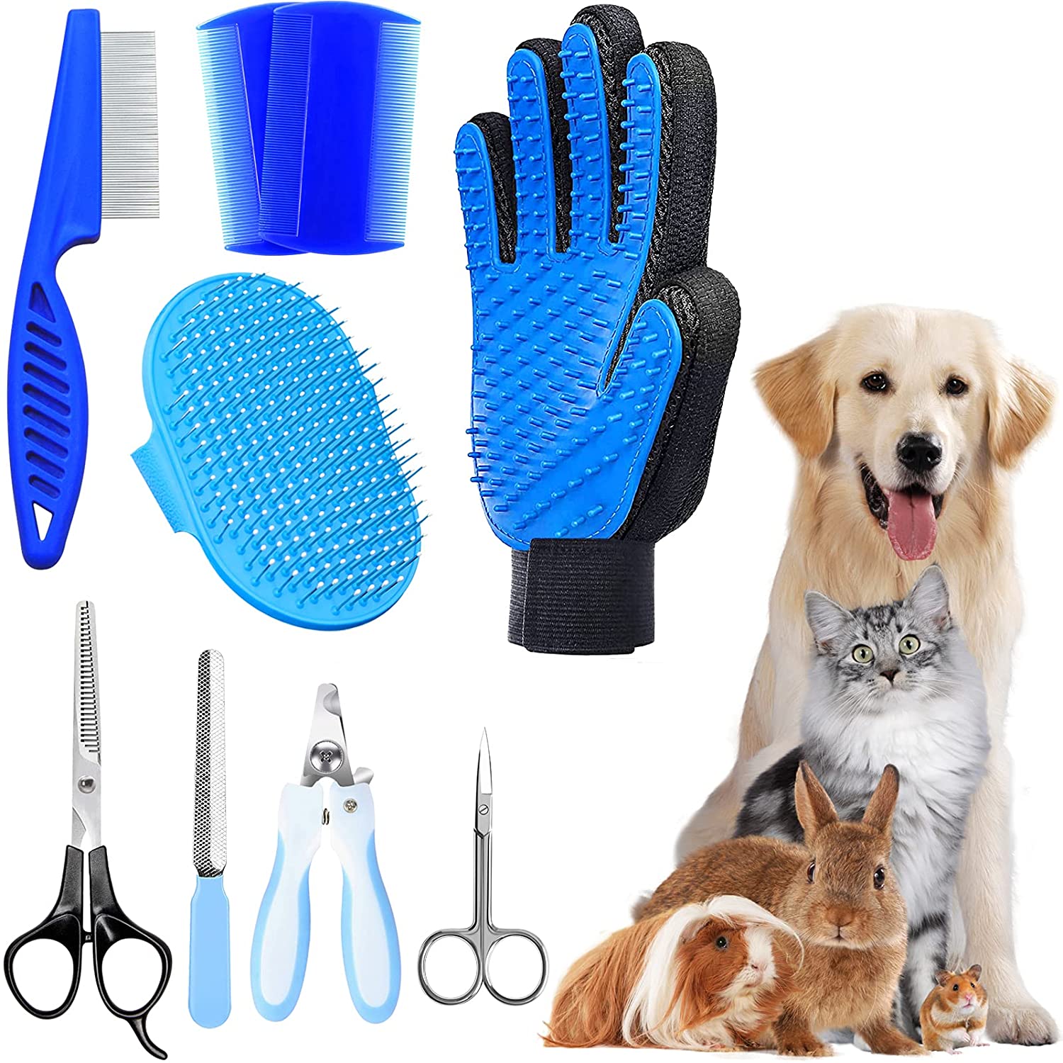 8 Pieces Dog and Rabbit Grooming Kit Pet Hair Remover Pet Comb Pet Grooming Glove Dog and Shower Kit Nail Clippers and Trim