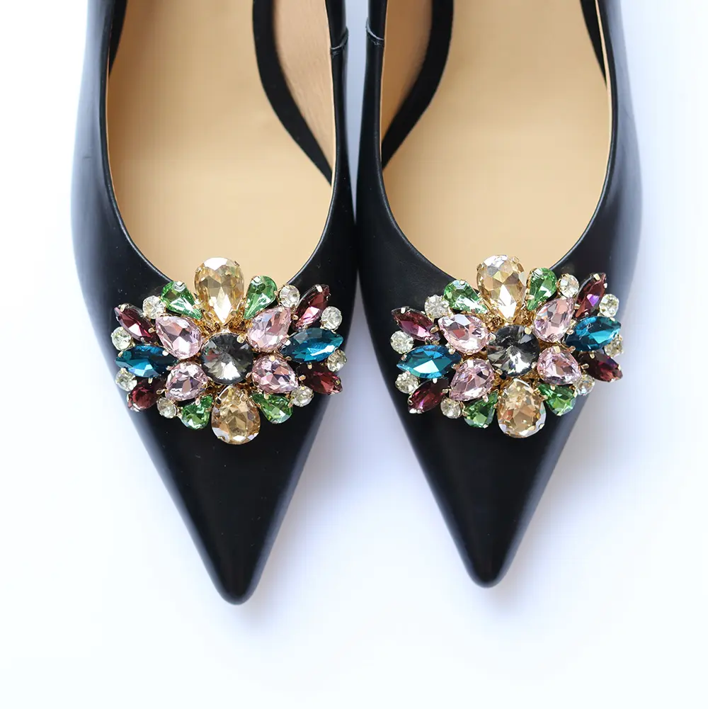 Factory New Arrival Rhinestones Glass Colorful Luxury Removable Shoe Clips Decoration Accessories Bow Metal Shoe Charms