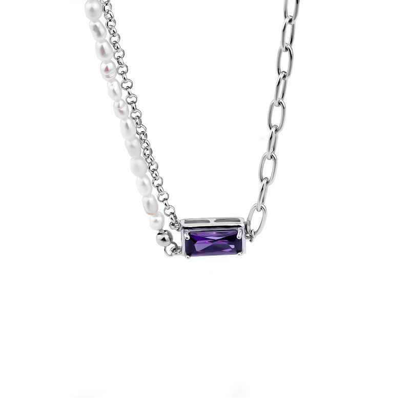 Women Purple Zirconia Pendant 925 Sterling Silver Freshwater Pearl Necklace