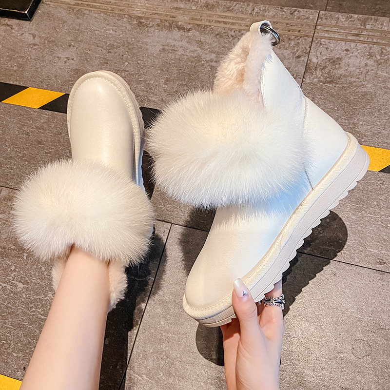 2021 new sheep's wool snow boots woman Winter Warm Waterproof Cowhide Fox fur snow cotton boots snow shoes woman