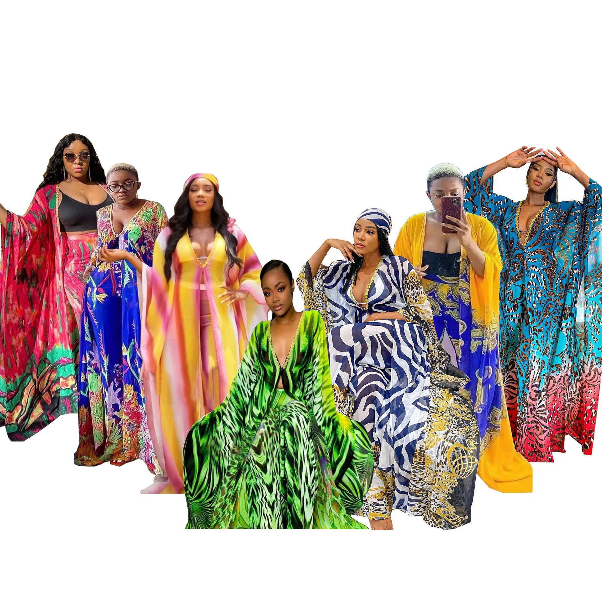 In Stock 2021 Long African Dress Sexy Chiffon Muslim Abaya+Long Pants Suits Dress Women Dashiki Print Two Piece Pants Set Gown