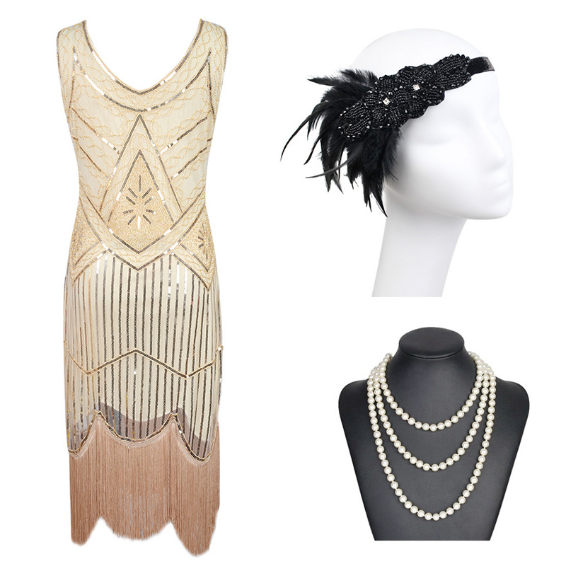 ladies Vintage Lace Fringed Gatsby 1920s Cocktail Dress with 20s Accessories Set ecoparty