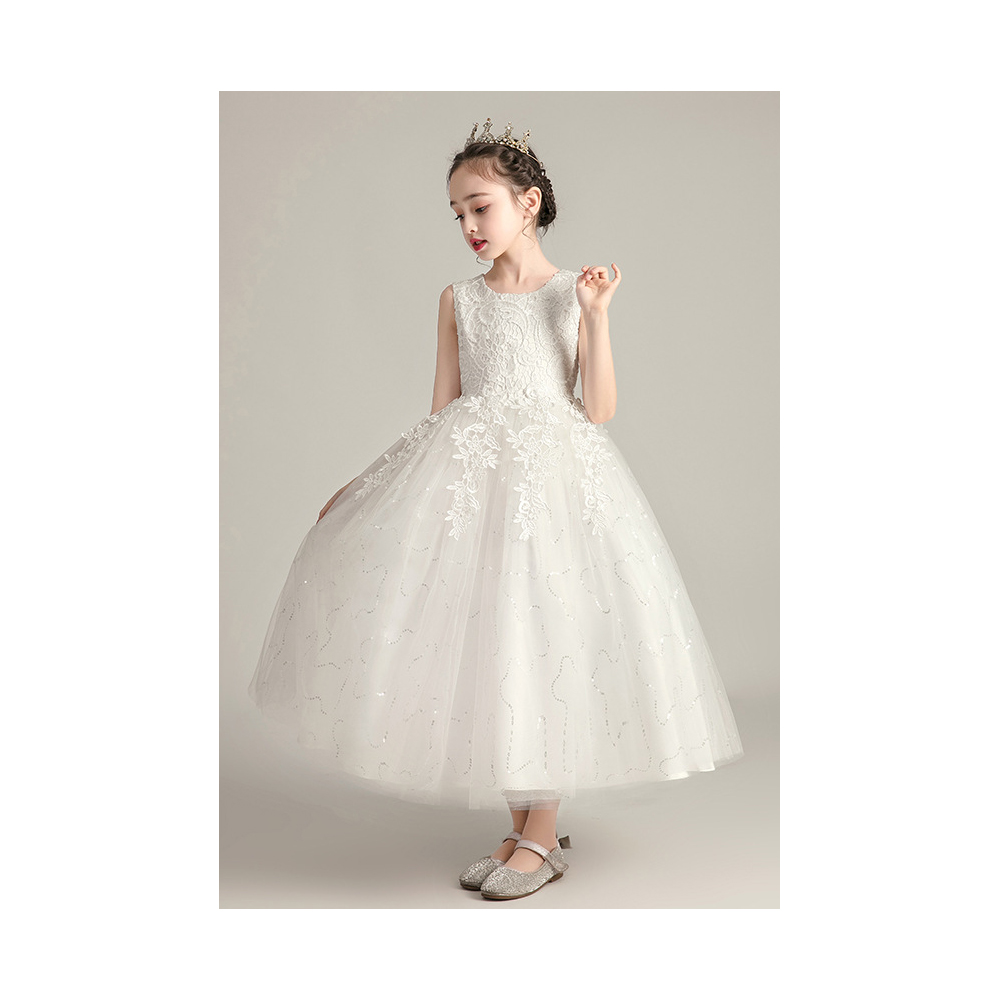 Elegant Kids Party Wear White Maxi Length Flower Girl Dress Western Pageant Dresses for Kids Girl Birthday Party Tutu Dress