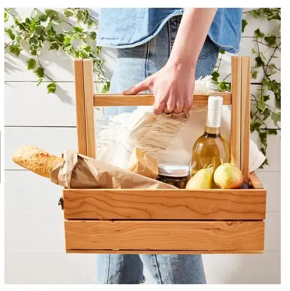 Handmade Wooden Folding Picnic Basket Table For Snacks And Sips