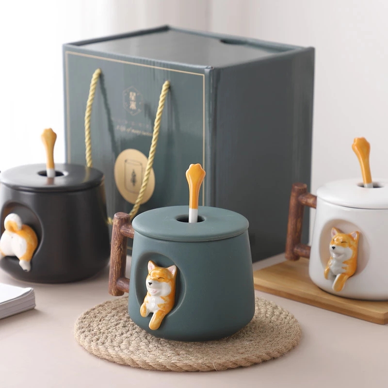 Kawaii Ceramic Coffee Mug Set Cartoon 3D Shiba Inu Dog Embossed Mounted Personalized Milk Tea Cup with Lid Spoon Christmas Gifts