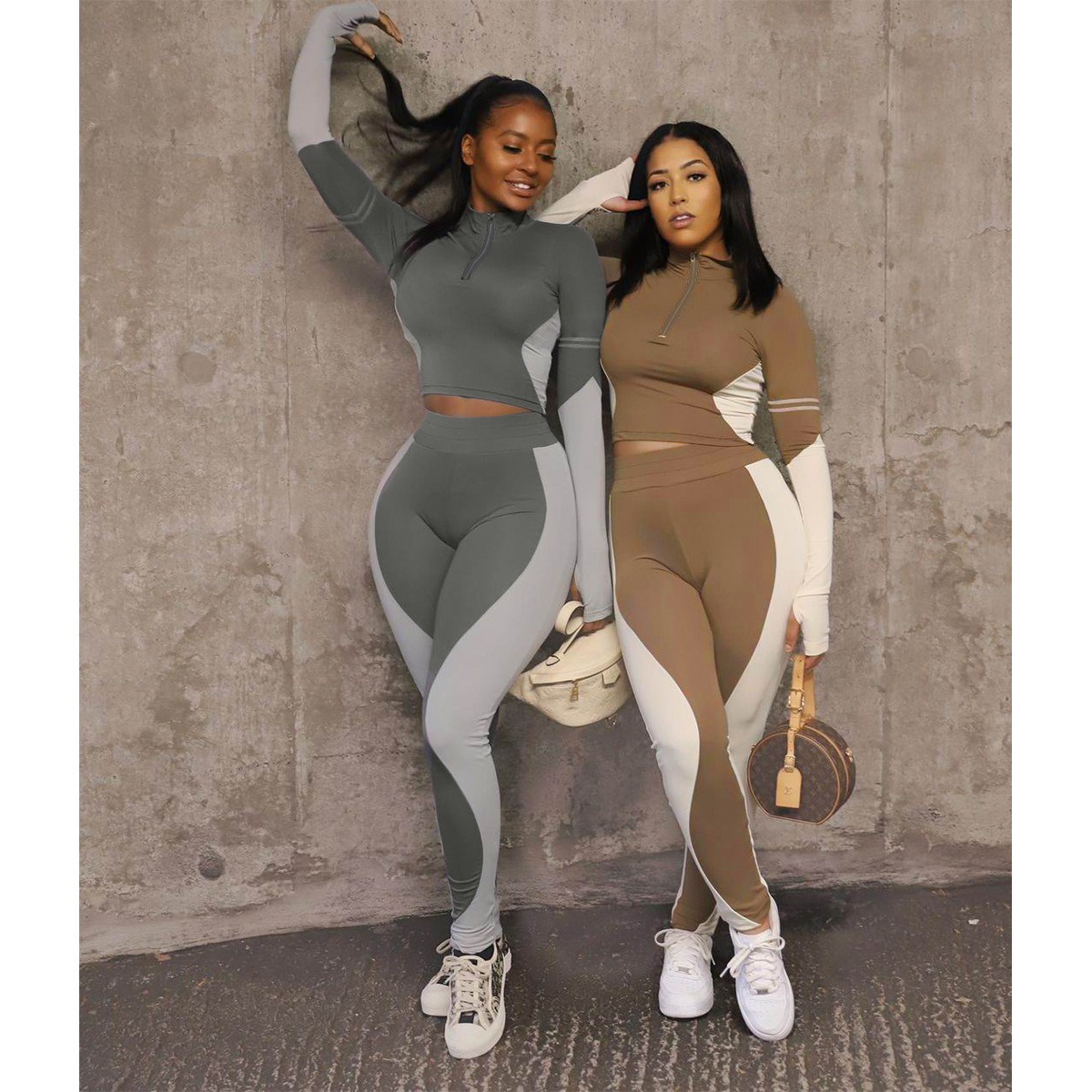 Patchwork Half Zipper Tracksuits Two Piece Pants Set Sportswear 2021