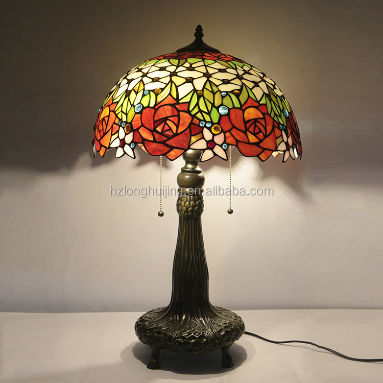 LongHuiJing 16Inch Handmade Glass Desk Lights Beads Stained Glass Lampshade Tiffany Table Lamp with decor base