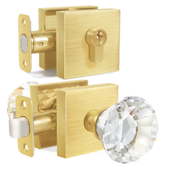 Zinc Alloy Gold Diamond Glass Crystal Door Knob and Single Cylinder Deadbolt Set Door Locks