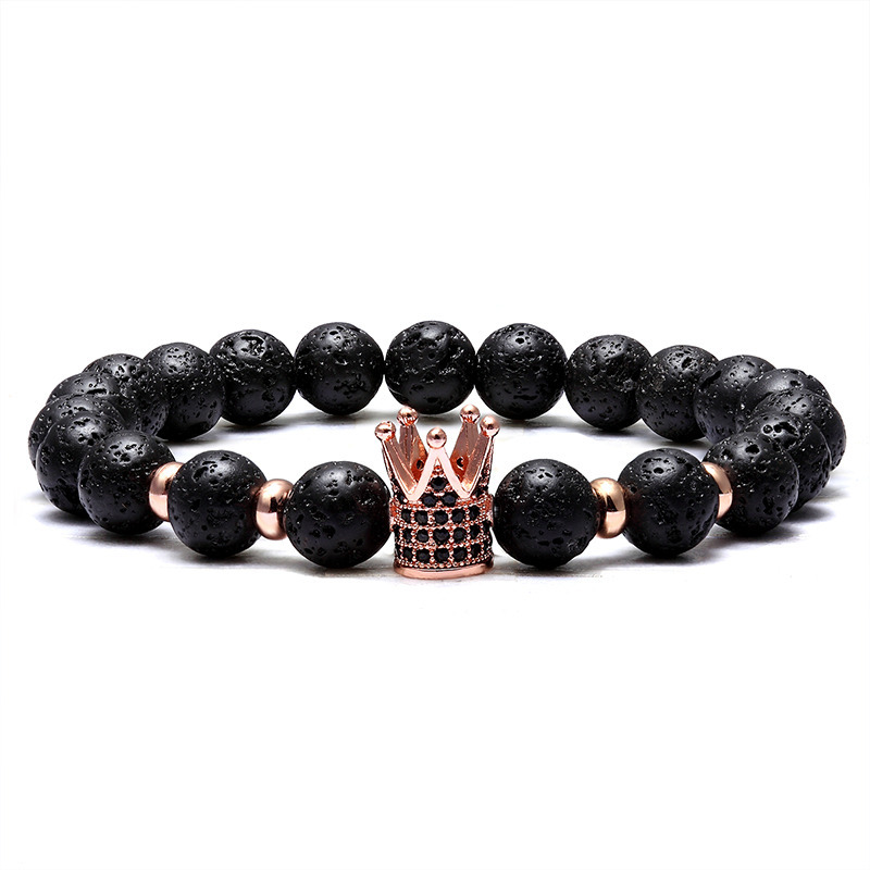 Professional Factory Lava Stone Crown Gemstone Bracelets 8mm Round Beads Stretch Mens Bangle
