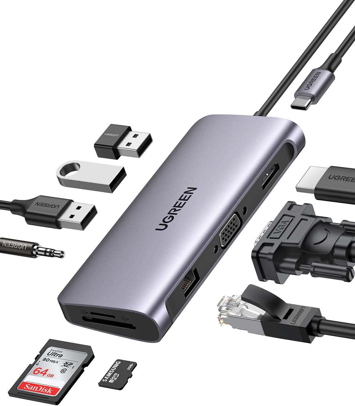 UGREEN USB C Hub10-in-1 USB-C док-станция 4K HDM I VGA двух мониторов 1 Гбит/с Ethernet 100W PD с 3 портами (стандарт 3,0 порты 3,5 мм гнездом для наушников