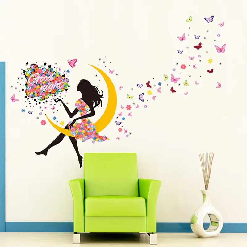 Easy peel off girl sit on moon decorative bedroom wall stickers