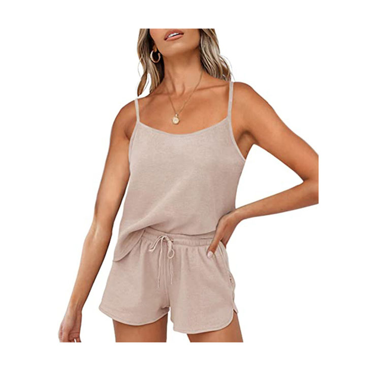 2021 New Waffle Solid Color Sling Drawstring Leisure Suit Set Short Nightwear 2 Piece Pajamas Women Summer Pajamas Sleepwear