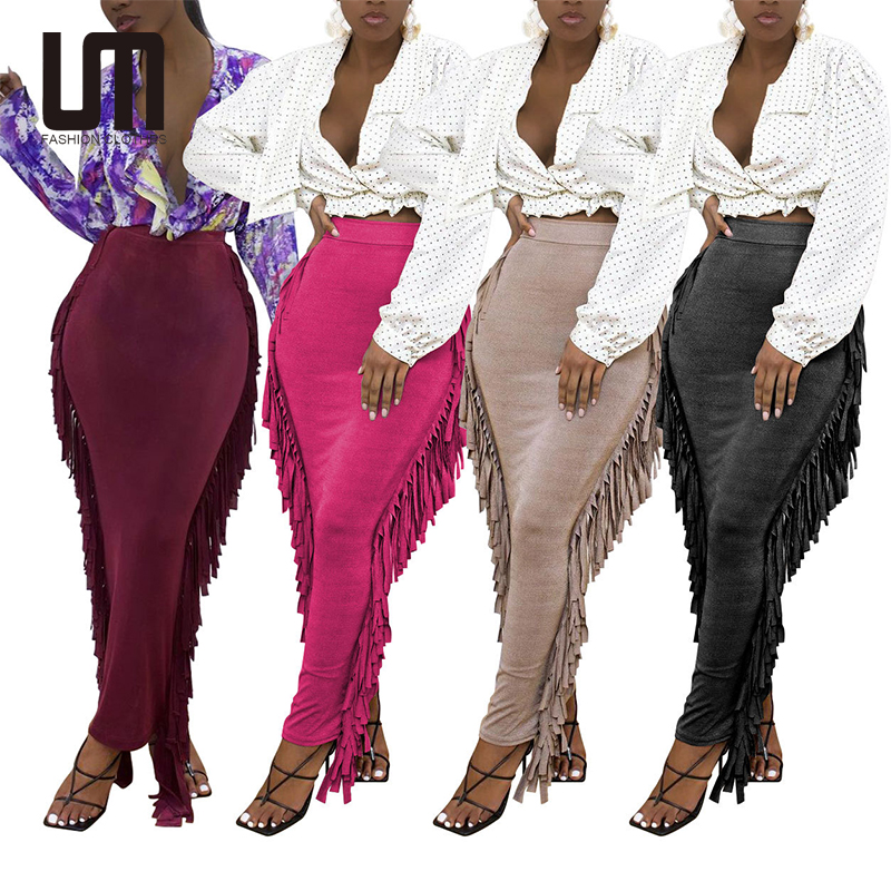 Liu Ming Hot Selling Women Casual Plus Size High Waist Sides Tassel Fashion Elegant Party Long Skirts