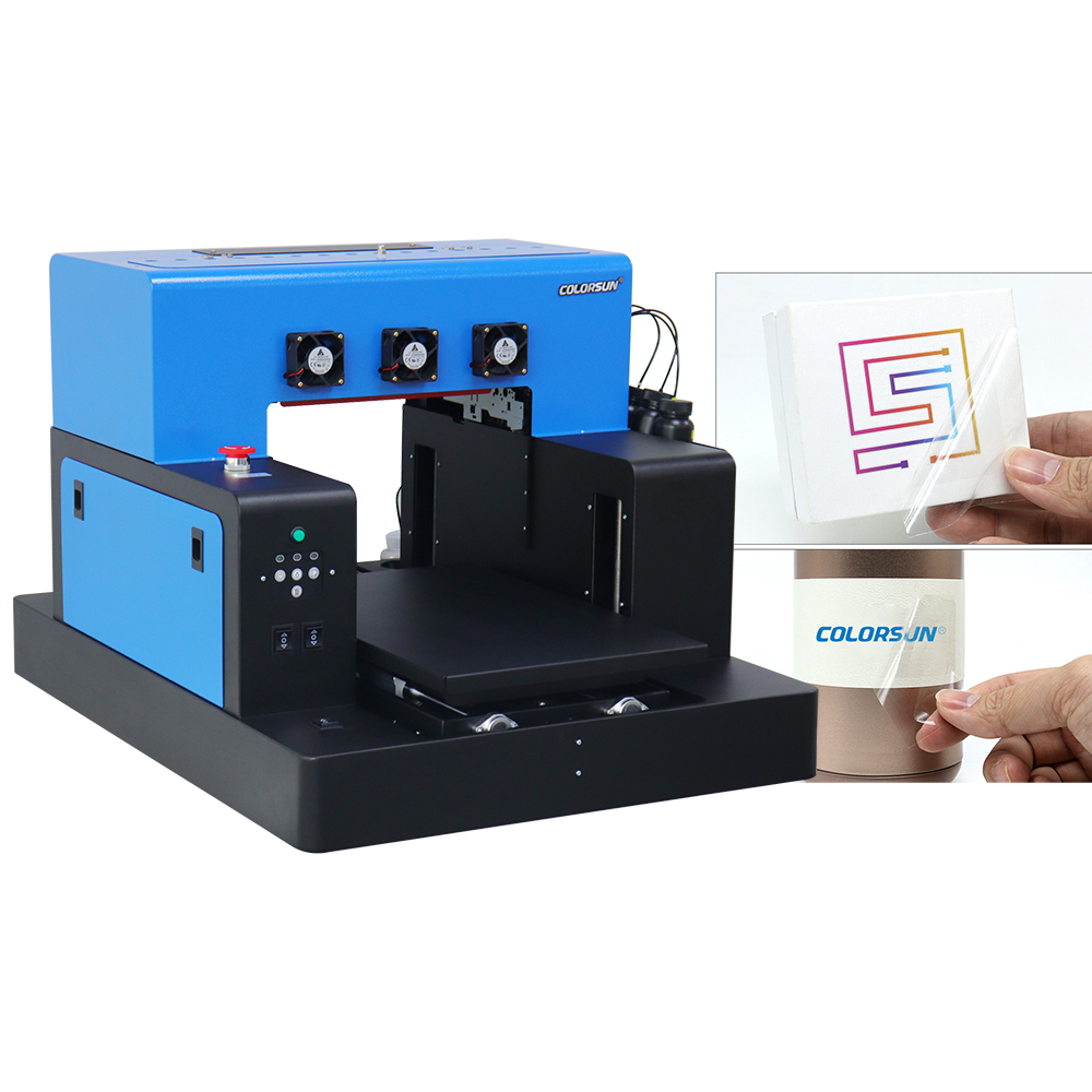 A3 UV DTF Printer Varnish Gloss C M Y K +W W UV Inks Vacuum Table PET Film printer