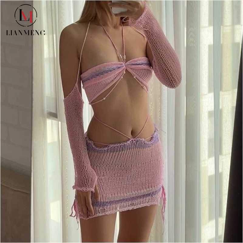 Вязанное крючком облегающее платье LIANEMENG B606, оптовая продажа, производитель одежды под заказ
