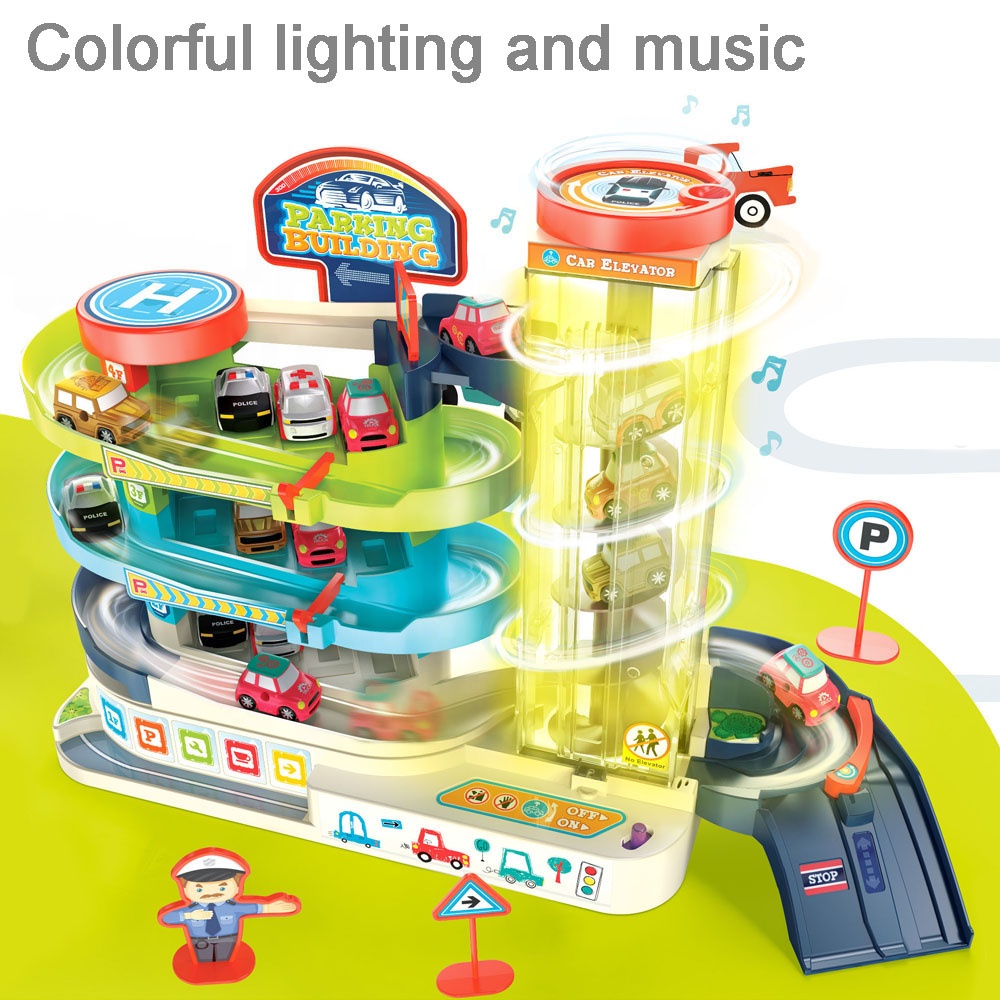 Racing track car garage DIY self assembly multi-layers revolving elevator rail parking lot building slot track toy with 4pcs car
