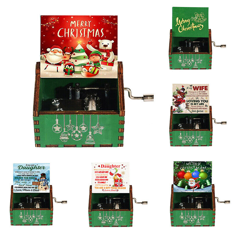 Custom wood mini music box colored drawing Christmas hand cranked wooden music box