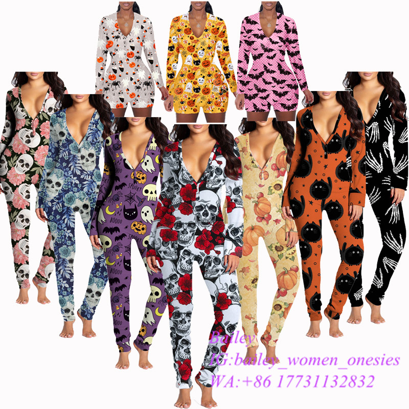 2021 Wholesale Sexy adult halloween costume pumpkin romper pajamas for Women Custom Design Sleep Nightwear Halloween Onesie