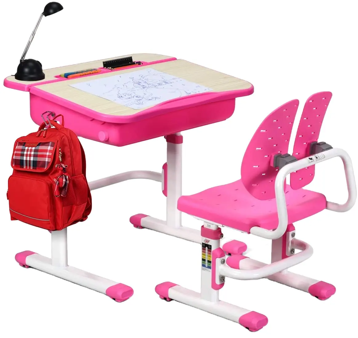 Ergonomic Winged Backrest Kids Desk And Chair Set Height Adjustable Children's Study Table With Large Storage Space
