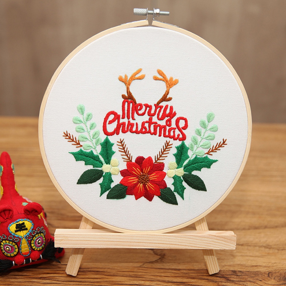 Christmas Embroidery Starter Kit with Pattern, Bamboo Hoop, Color Threads Tools, English Instruction for Beginners