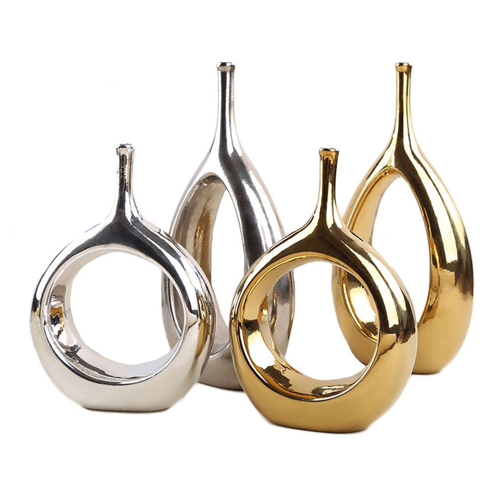 Modern Gold silver black jade ring ceramic vase simple hollow oval luxury vase for home decor