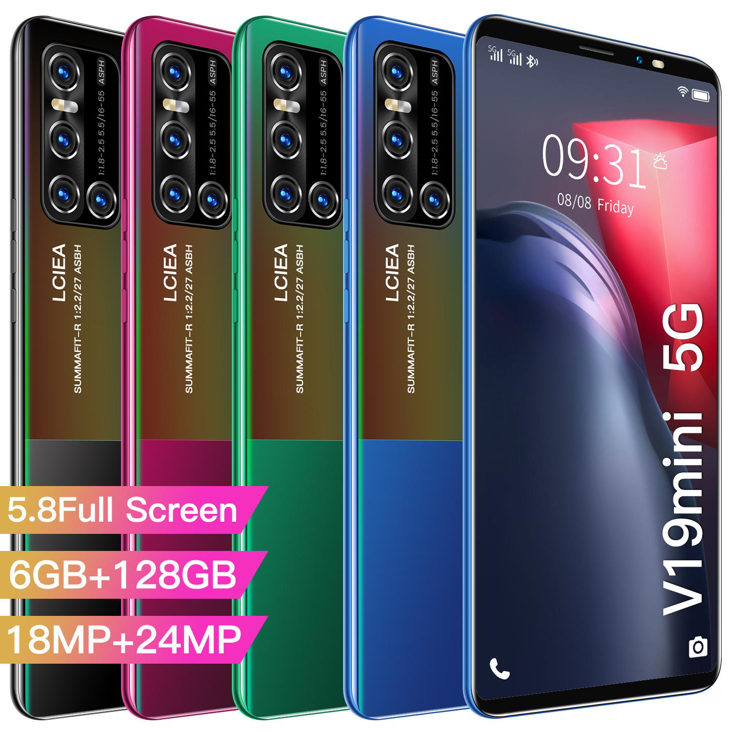 Поставка сотовых телефонов V19 Мини Android смартфон 4500 мАч 6G/128 ГБ Тройная камера Сотовый телефон двойной 5G мобильный телефон