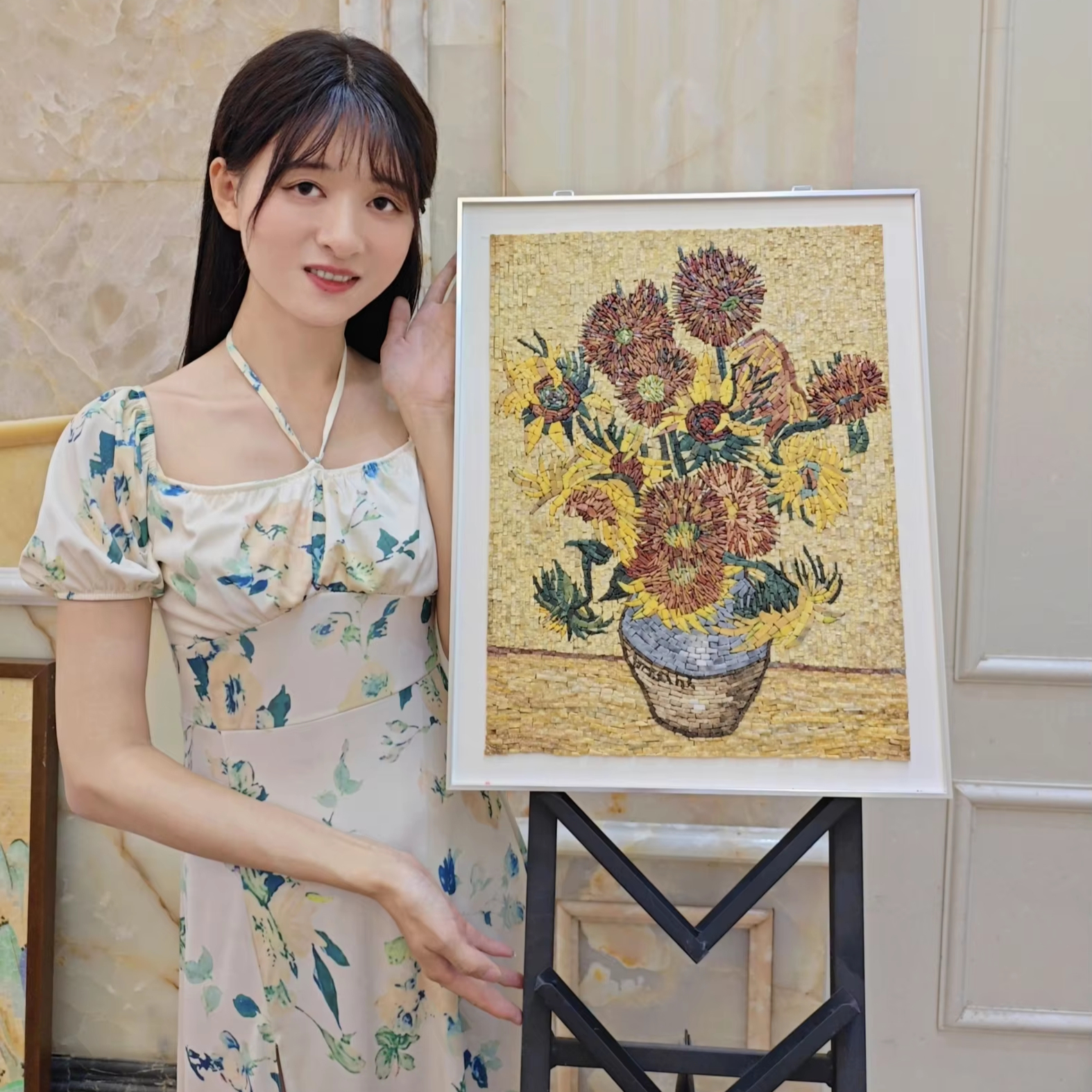 Vincent Van Gogh Vase with Fifteen Sunflow Mosaic Classical Stone and Elegant Stone Paintings Puzzle Gems Fully Handmade Crafts