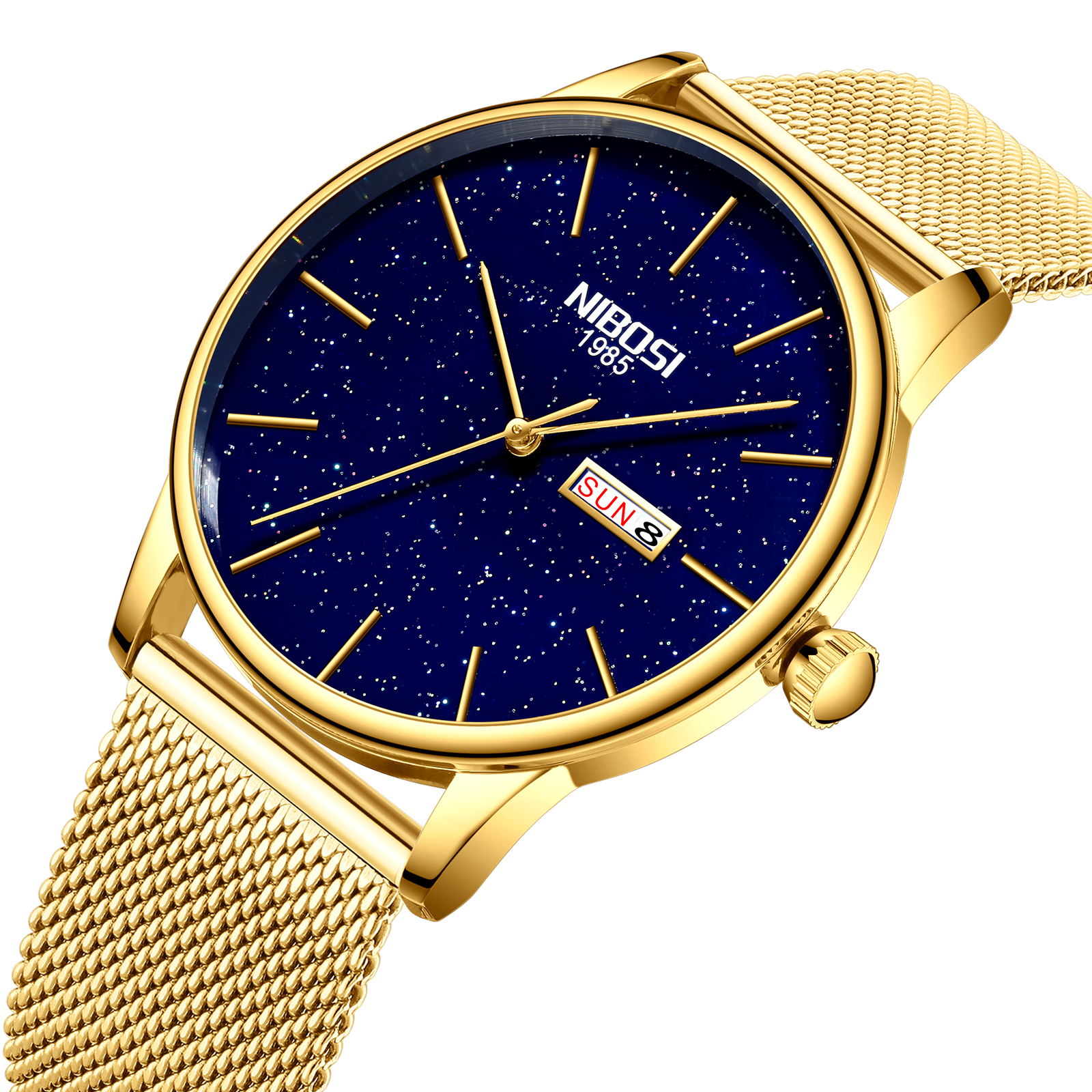 Moq 1Pcs Gold Case Blue Face Star Sky Custom Mesh Watch