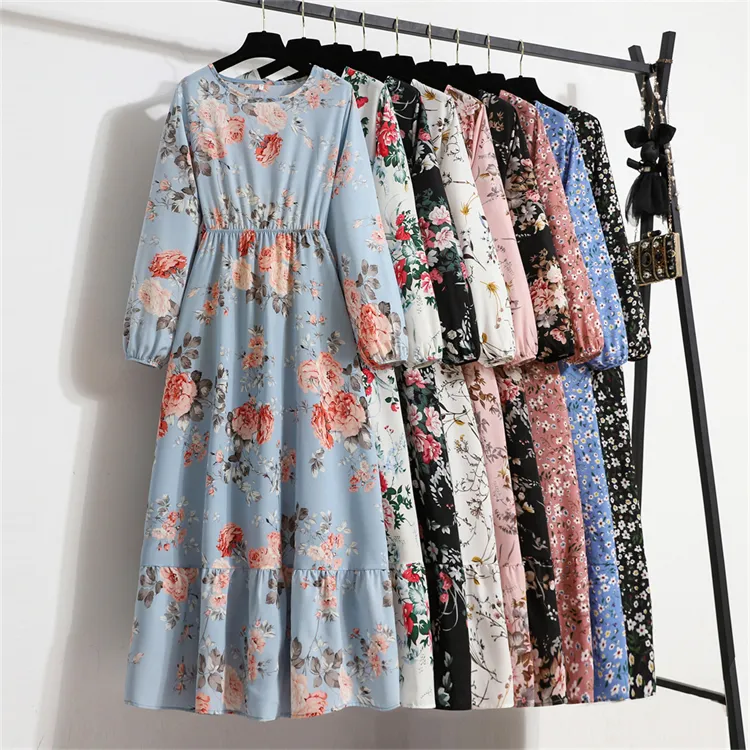 2023 Spring Women Maxi Dresses wholesale Casual Loose Full Sleeve Floral Printed O-neck Woman Bohe Beach Party Long Dress
