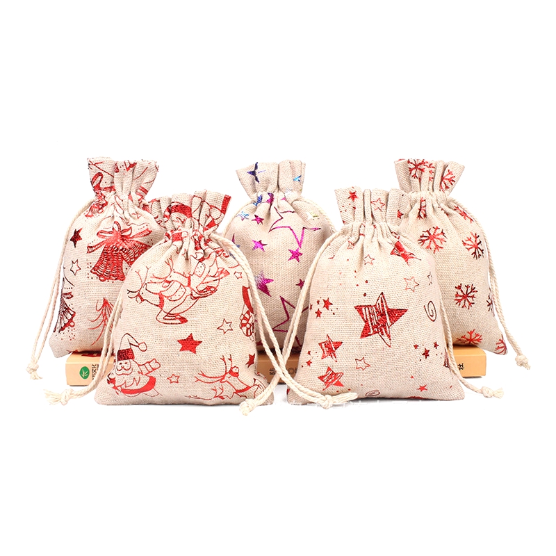 Hot Sales 24pcs/set Christmas Decoration Drawstring Pouches Christmas Eco-friendly Cotton Bag Reindeer Santa Sacks