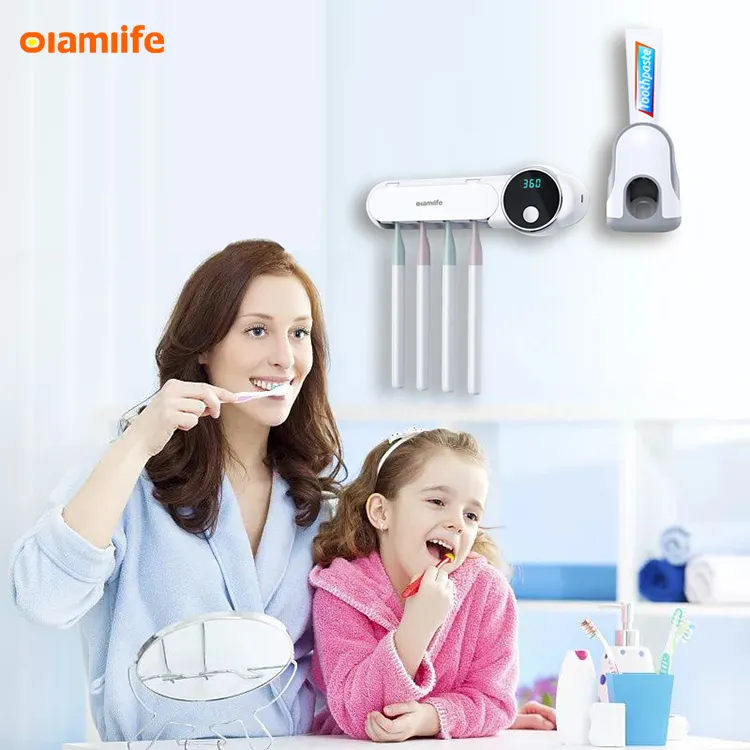 Olamlife Customized Accept Wall Mounted Plastic Bathroom Automatic Hands Free Toothbrush Toothpaste Squeezer Dispenser Holder