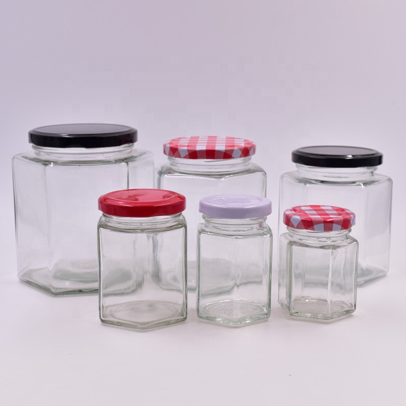 100ml 120ml 180ml 280ml 380ml 500ml 730ml clear hexagon screw top honey jar empty hot sauce food storage glass bottles with lids