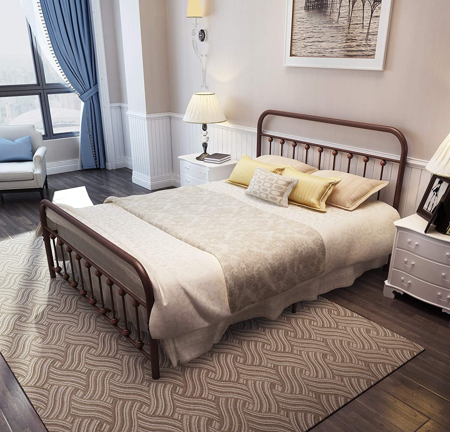 Metal Bed Frame Queen Size with Headboard and Footboard Single Platform Mattress Base,Metal Tube and Iron-Art Bed