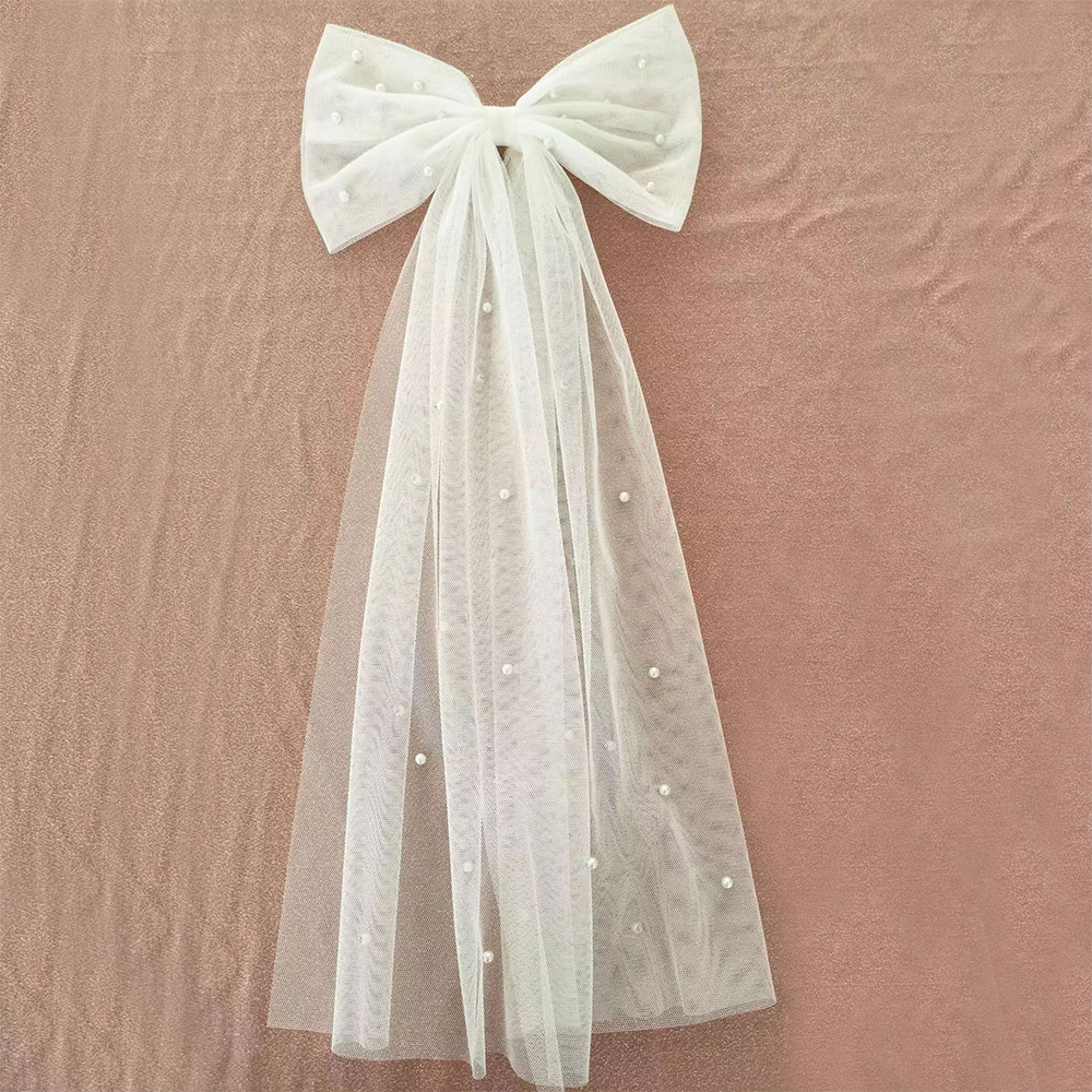 Pearl Mesh Fashion Hair Jewelry Clip-In Veil Bow for Women - Handmade Bridal Accessories