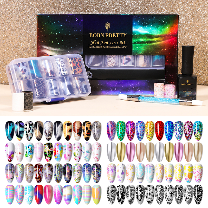 BORN PRETTY 1 коробка 10 шт. Набор наклеек из фольги для ногтей 3 в 1 Набор клейкая переводная фольга гель легко переносить DIY
