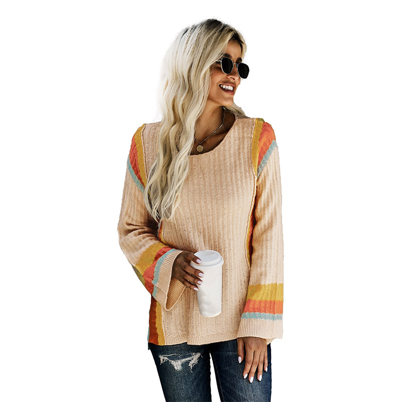 2021 Woman Fashion Knitwear Color Block Bell Sleeve Lightweight Fall Sweaters For Women